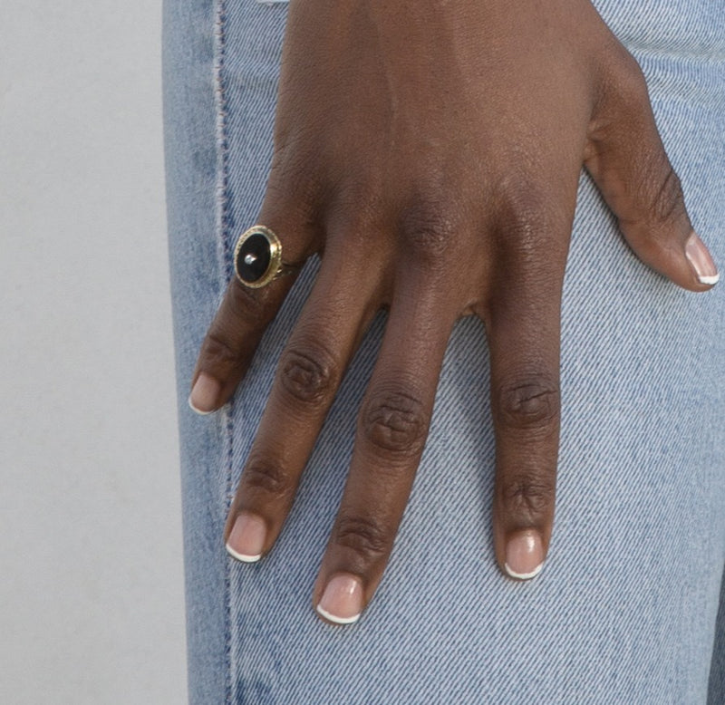 Art Deco Onyx and Yellow Gold Diamond Oval Ring