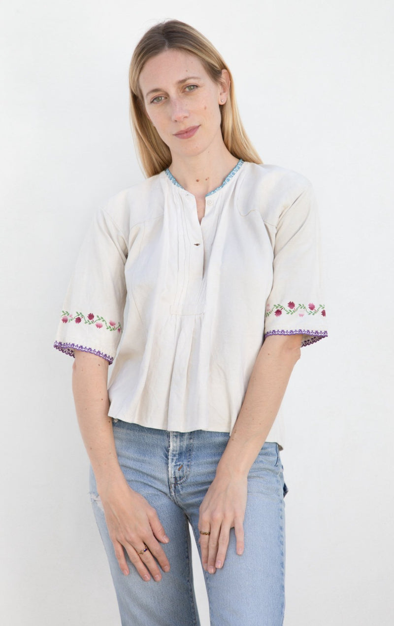 1900s French Embroidered Linen Blouse