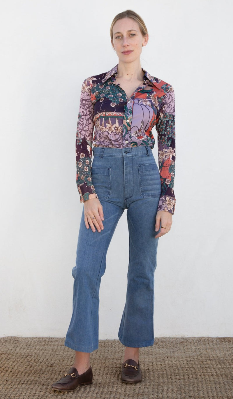 1970s Groovy Botanical Print Blouse