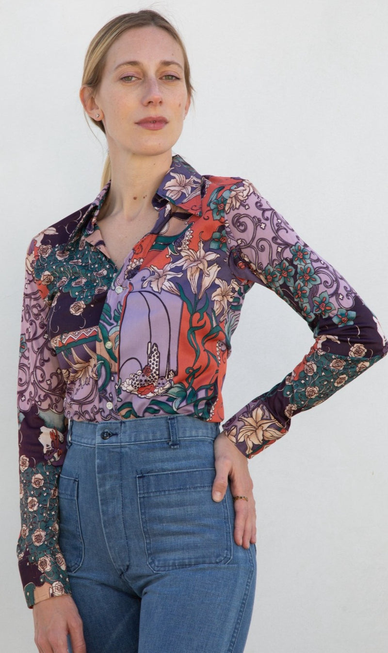 1970s Groovy Botanical Print Blouse