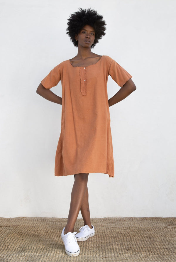 Antique Over-Dyed French Linen Dress in Terracotta