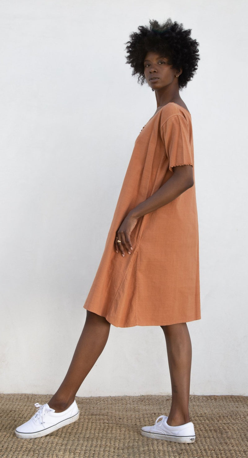 Antique Over-Dyed French Linen Dress in Terracotta