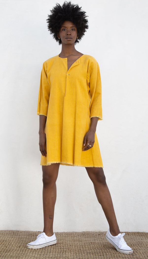 Antique Over-Dyed French Linen Dress in Turmeric