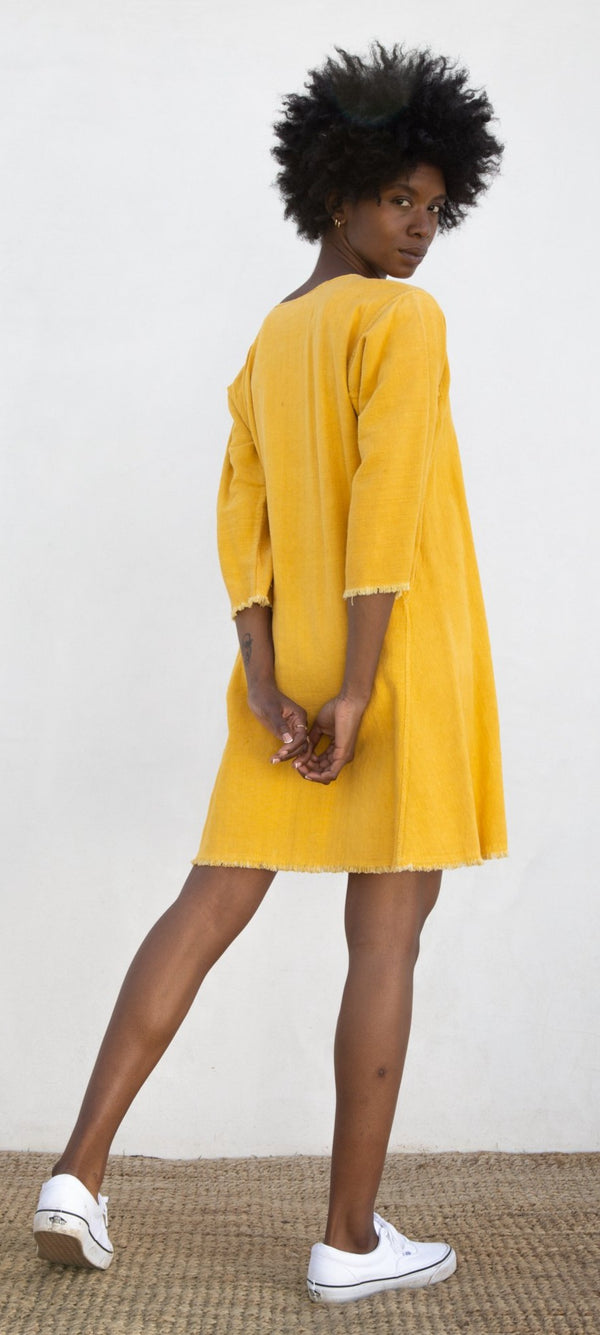 Antique Over-Dyed French Linen Dress in Turmeric