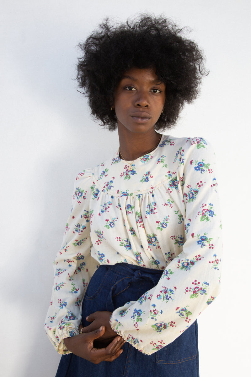 1970s Cotton Floral Peasant Blouse