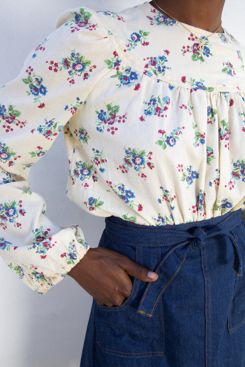 1970s Cotton Floral Peasant Blouse