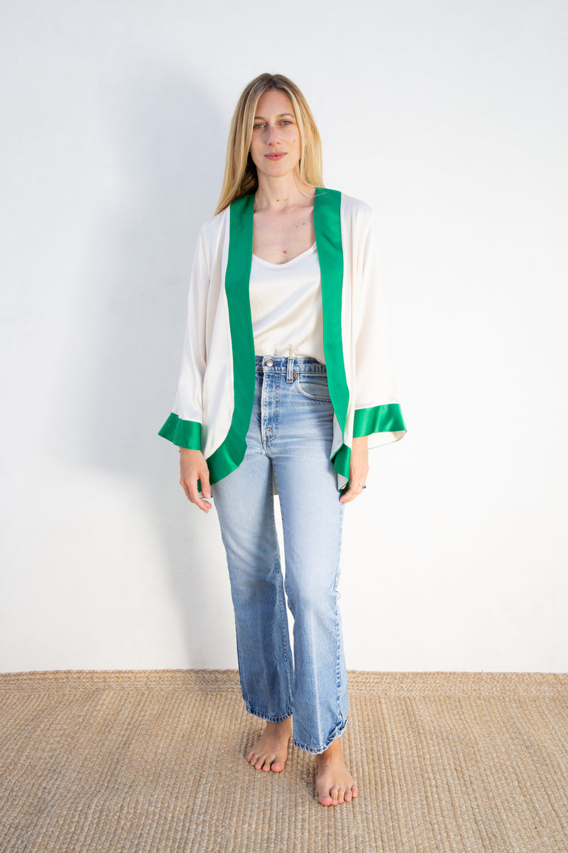 1970s Silk Cream and Emerald Jacket