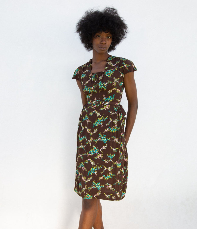 1940s Floral Rayon Big Bow Dress