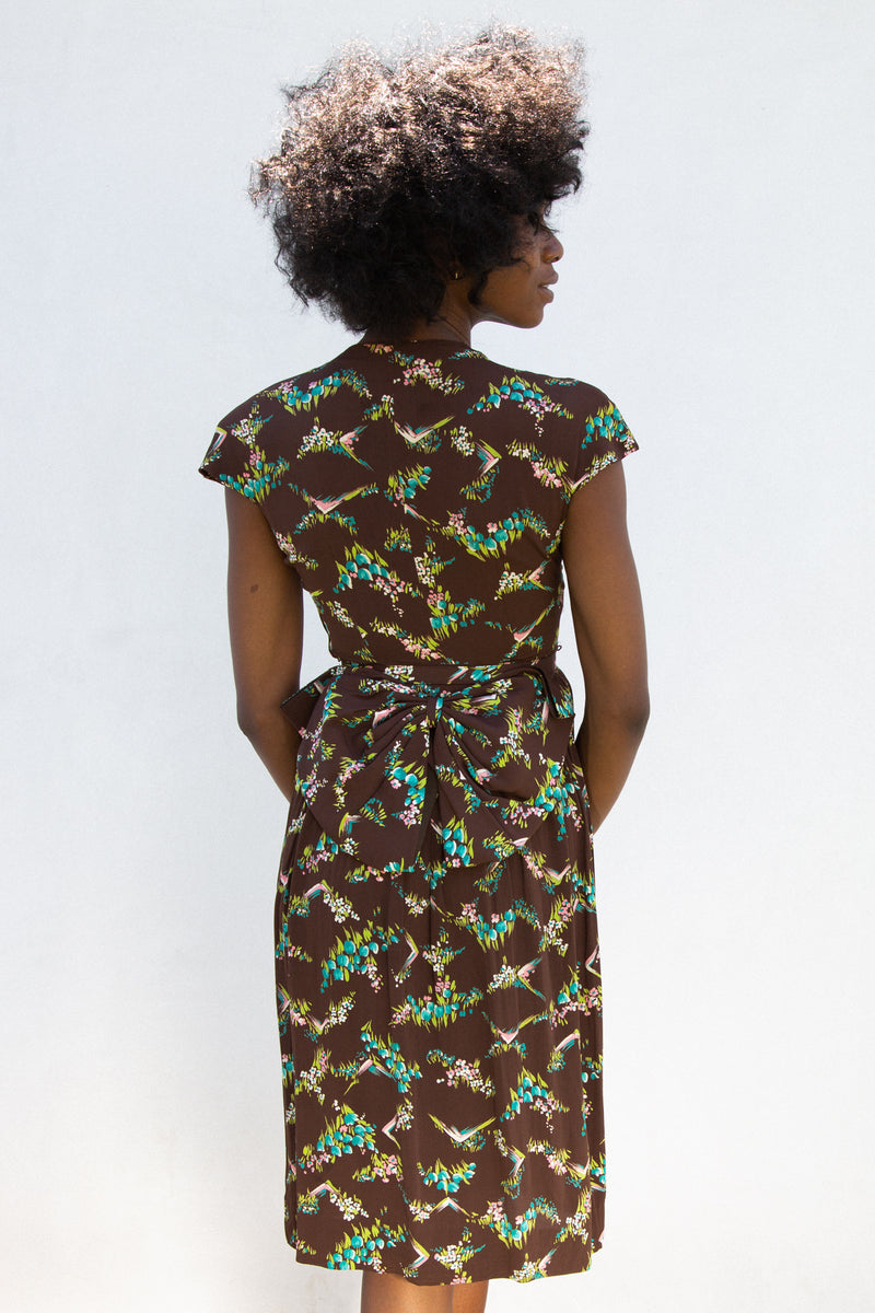 1940s Floral Rayon Big Bow Dress