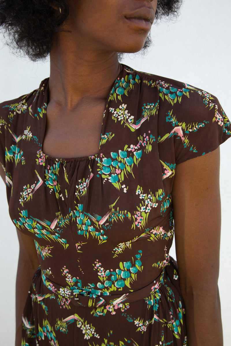 1940s Floral Rayon Big Bow Dress