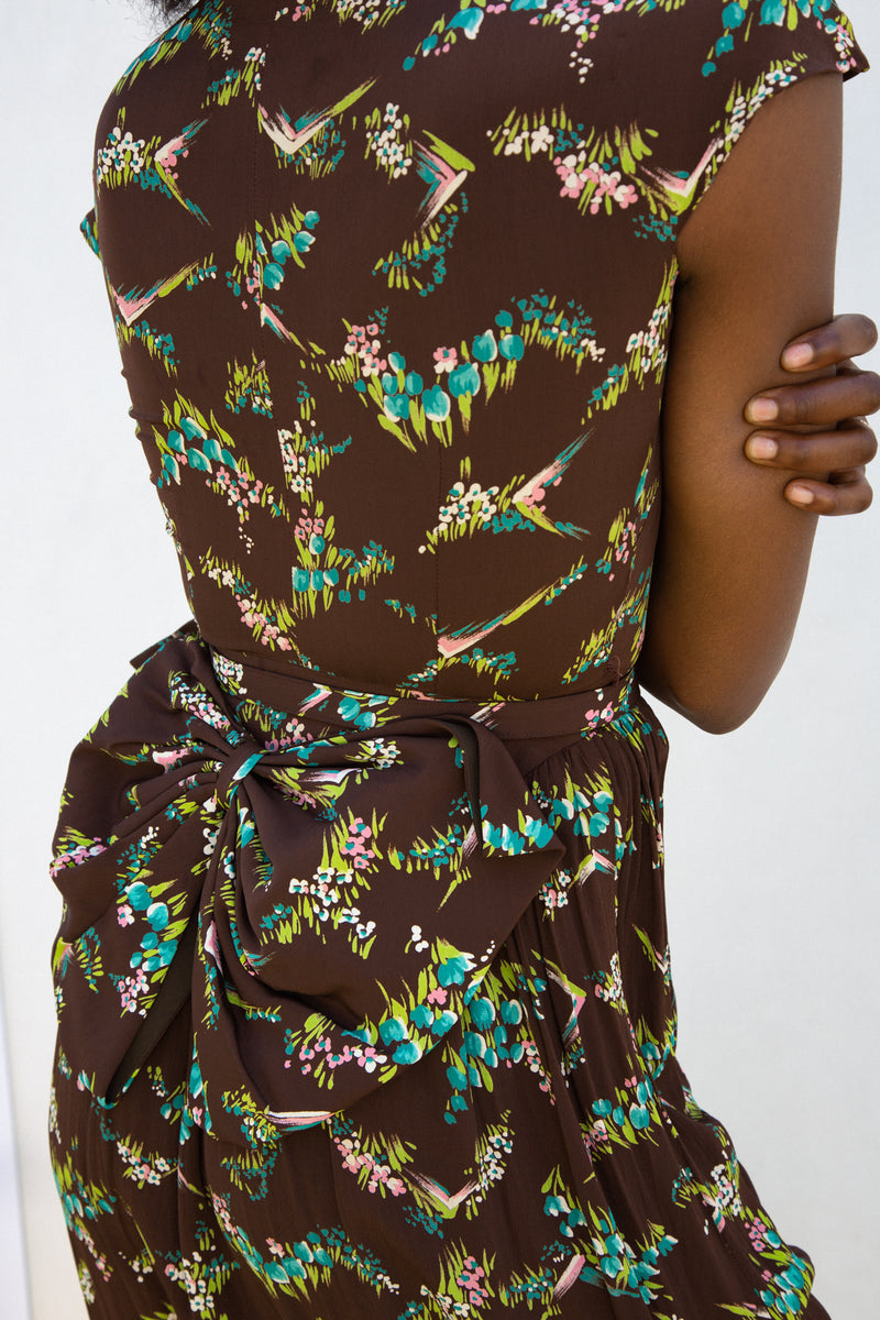 1940s Floral Rayon Big Bow Dress