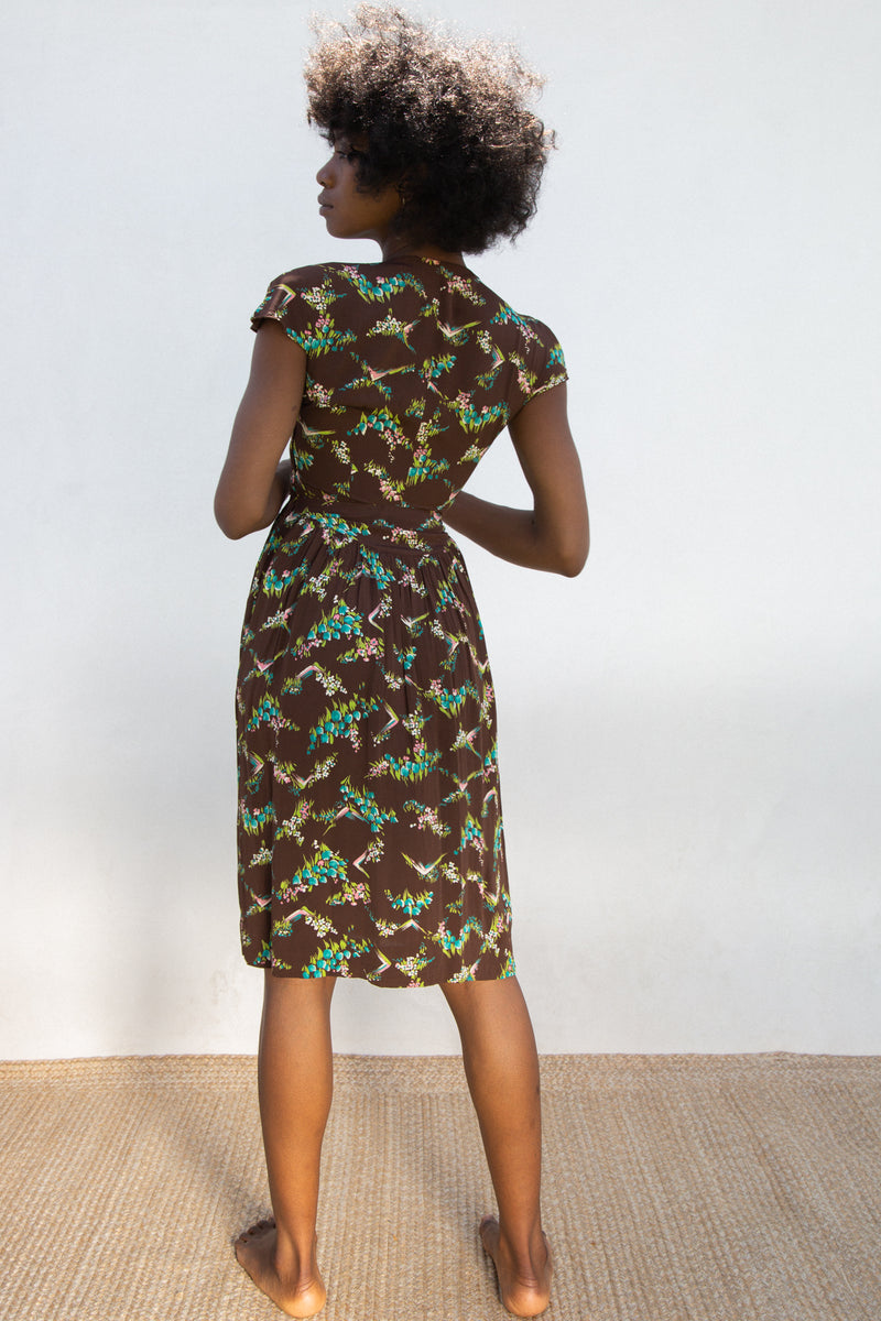 1940s Floral Rayon Big Bow Dress