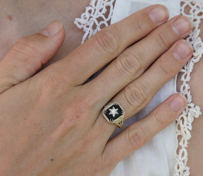 Art Deco Onyx and White Gold Diamond Star Ring