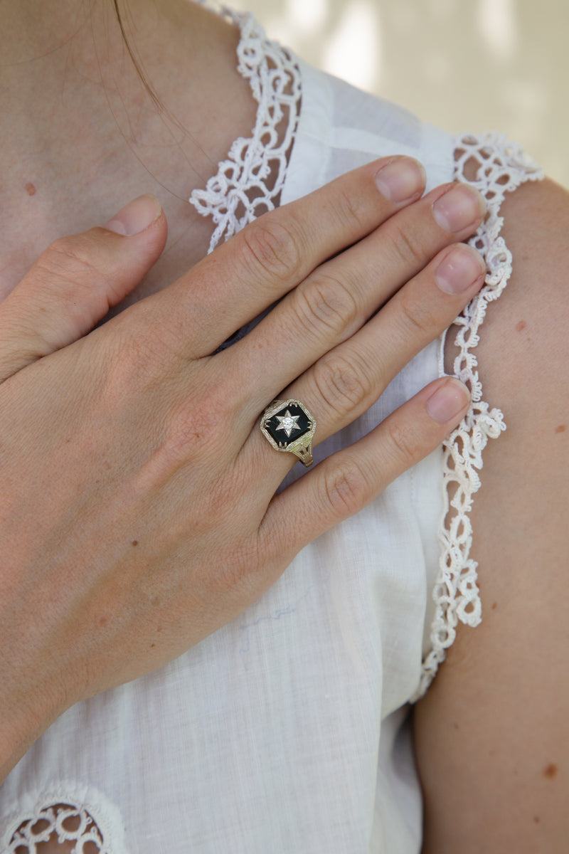 Art Deco Onyx and White Gold Diamond Star Ring