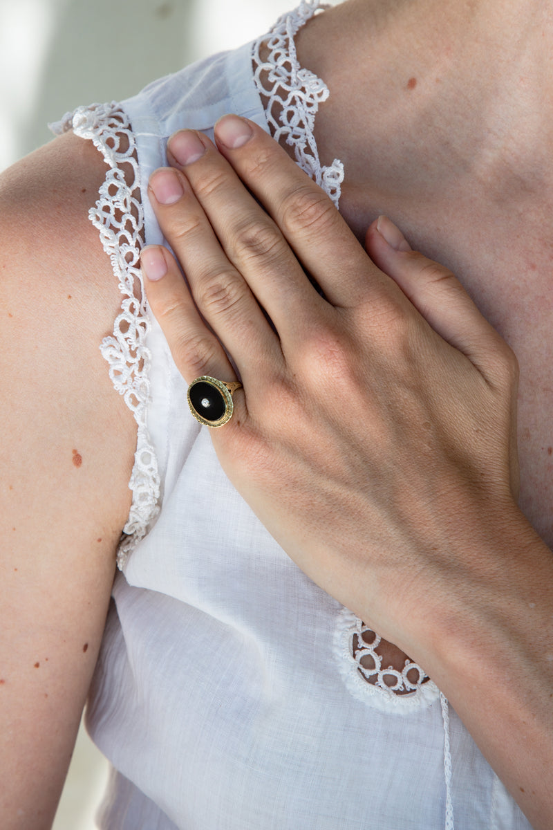 Art Deco Onyx and Yellow Gold Diamond Oval Ring