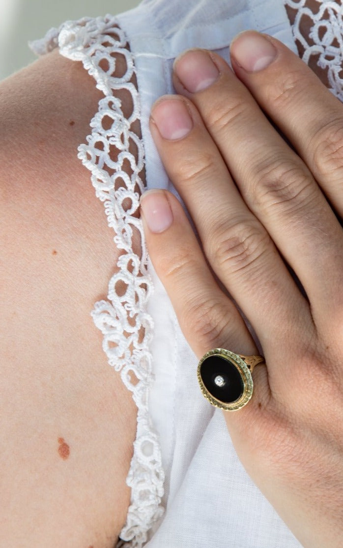 Art Deco Onyx and Yellow Gold Diamond Oval Ring