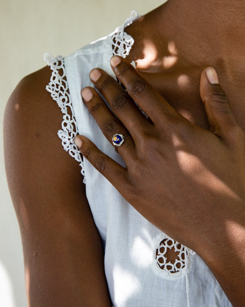 Antique White Gold and Enamel Rose Ring
