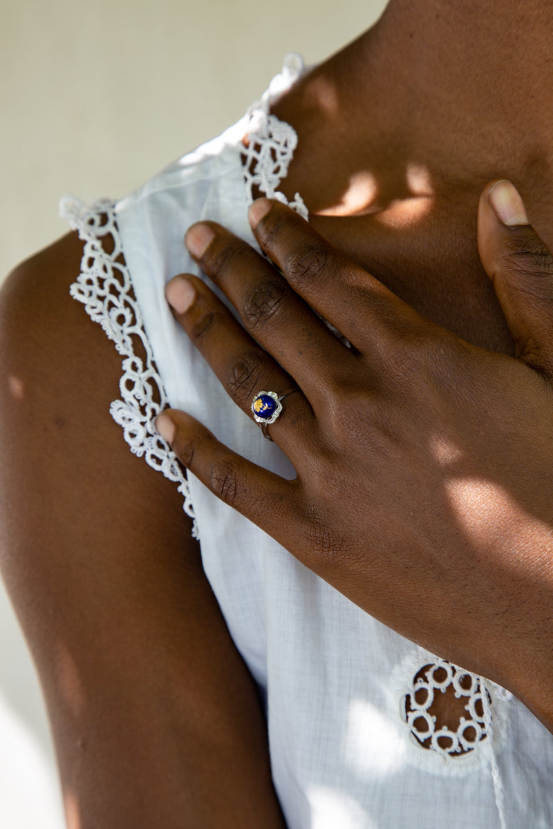 Antique White Gold and Enamel Rose Ring