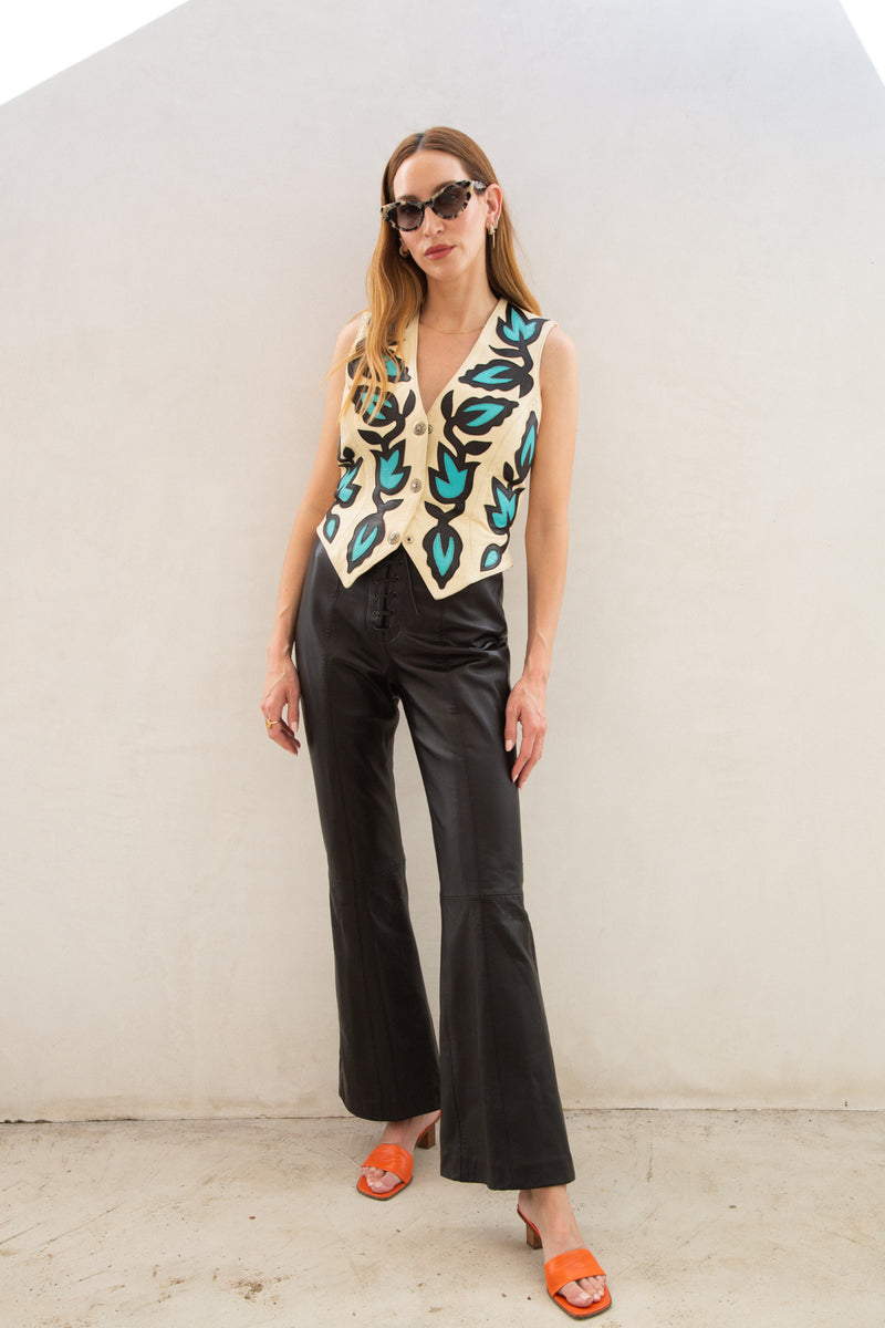 Vintage Leather Vest with Black and Blue Vine Print and Buckle Back