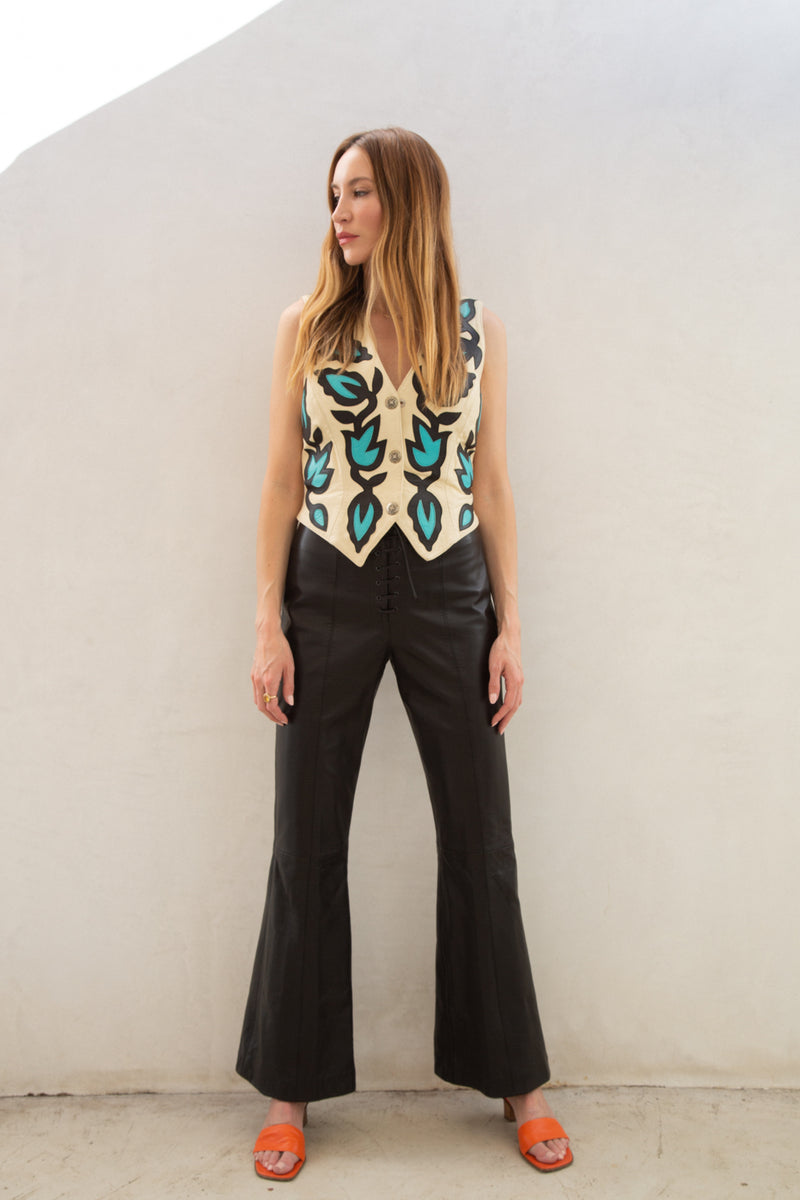 Vintage Leather Vest with Black and Blue Vine Print and Buckle Back