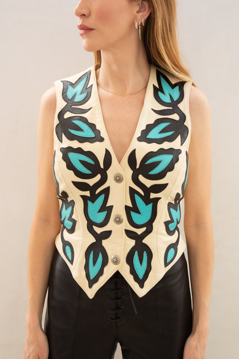 Vintage Leather Vest with Black and Blue Vine Print and Buckle Back