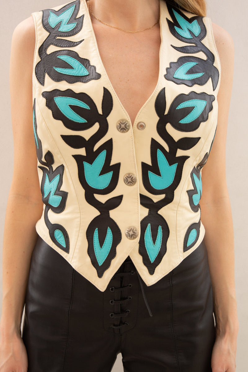 Vintage Leather Vest with Black and Blue Vine Print and Buckle Back