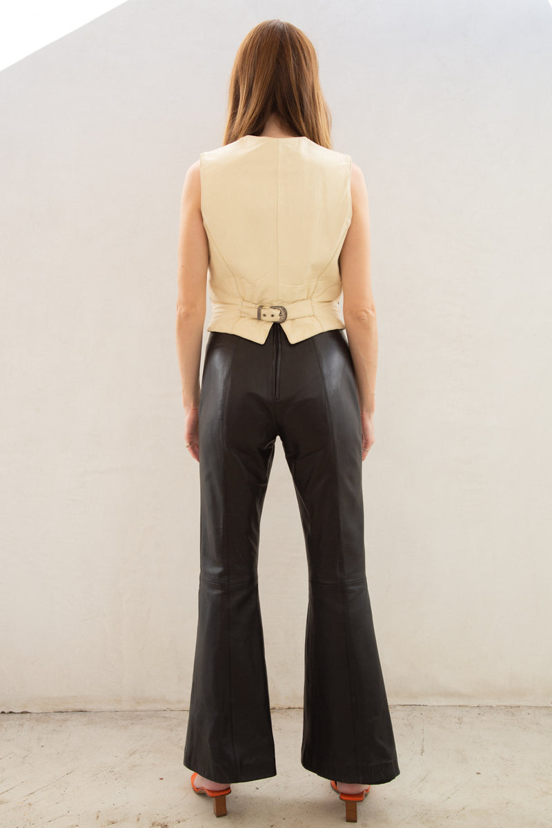 Vintage Leather Vest with Black and Blue Vine Print and Buckle Back