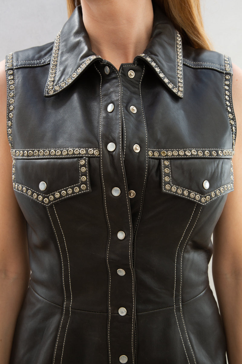 Vintage Leather Grommet Detail Sleeveless Dress