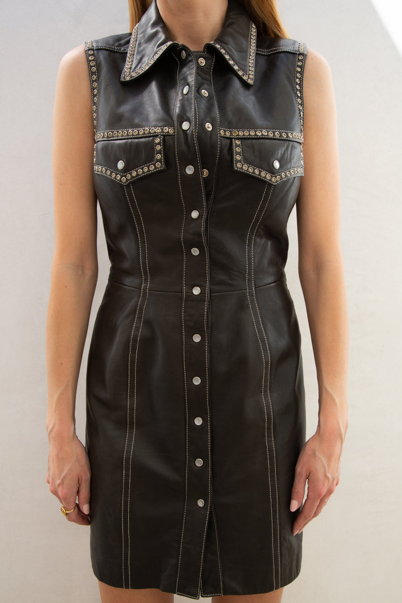 Vintage Leather Grommet Detail Sleeveless Dress