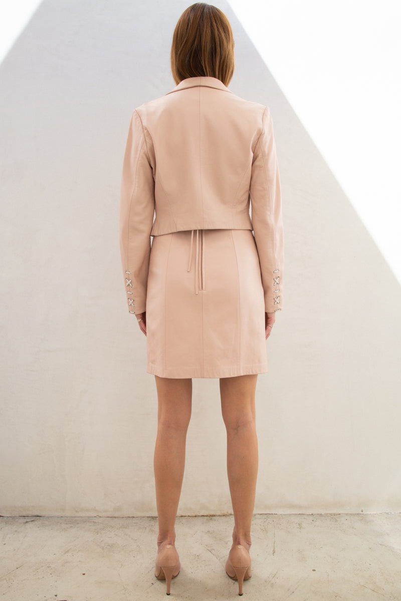 Vintage Pink Leather Lattice Detail Dress and Blazer Set