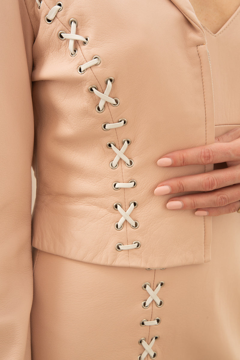Vintage Pink Leather Lattice Detail Dress and Blazer Set