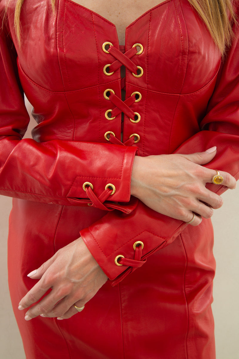 Vintage Red Leather Lace up Dress