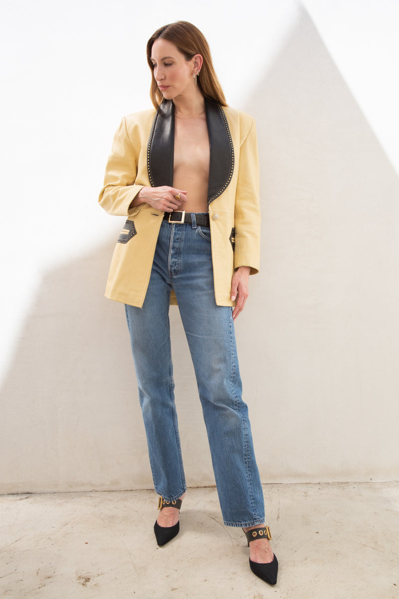 Vintage Oversized Cream Leather Blazer
