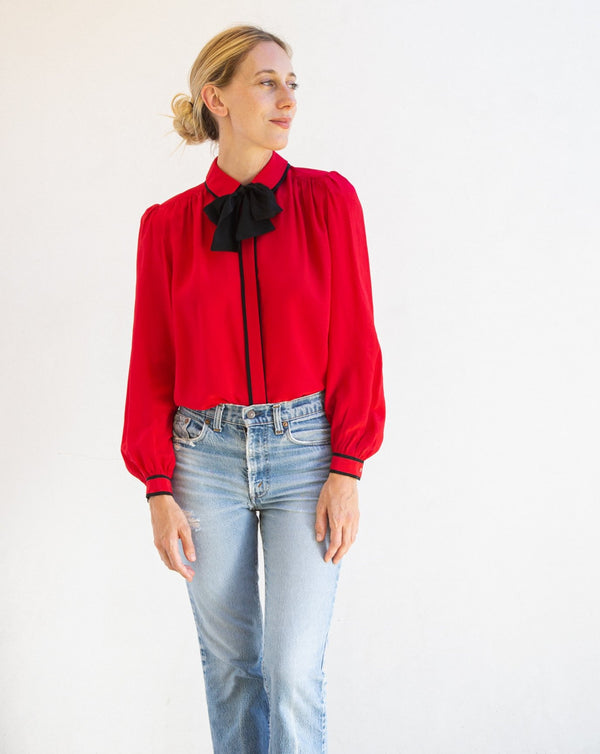 1980's Red Silk Bowtie Blouse