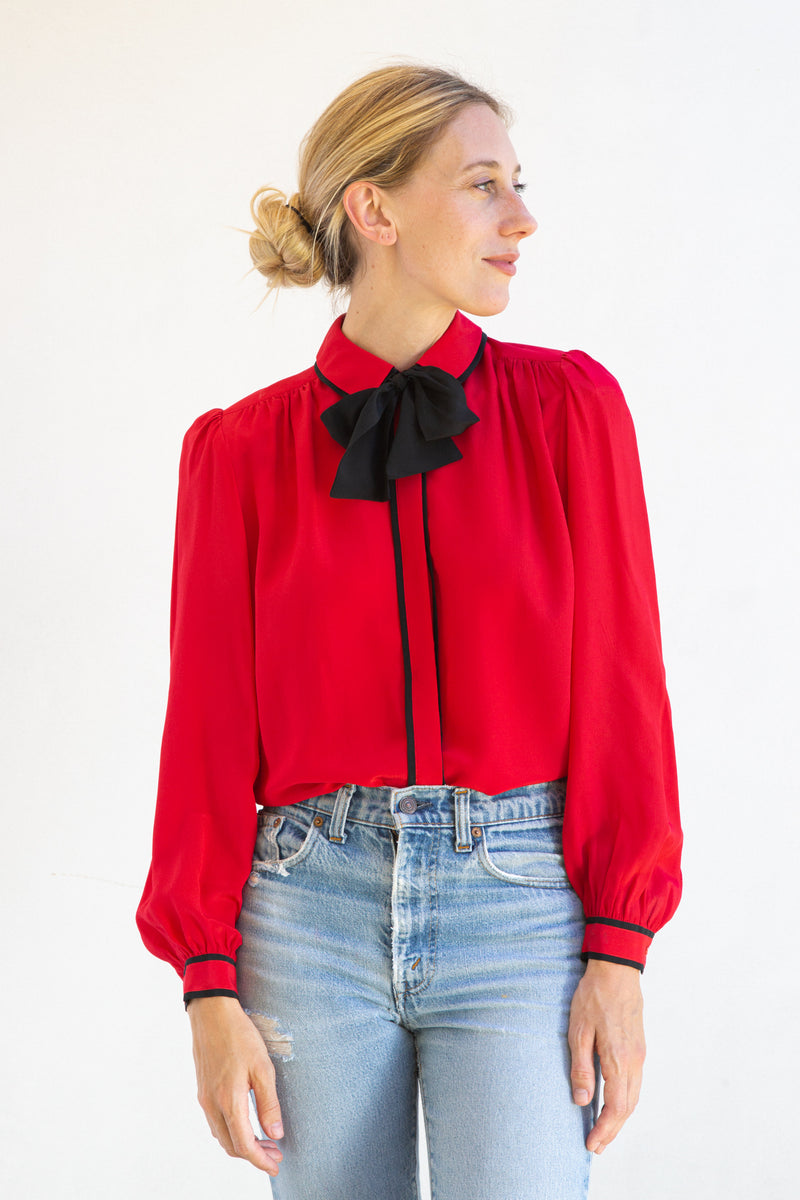 1980's Red Silk Bowtie Blouse