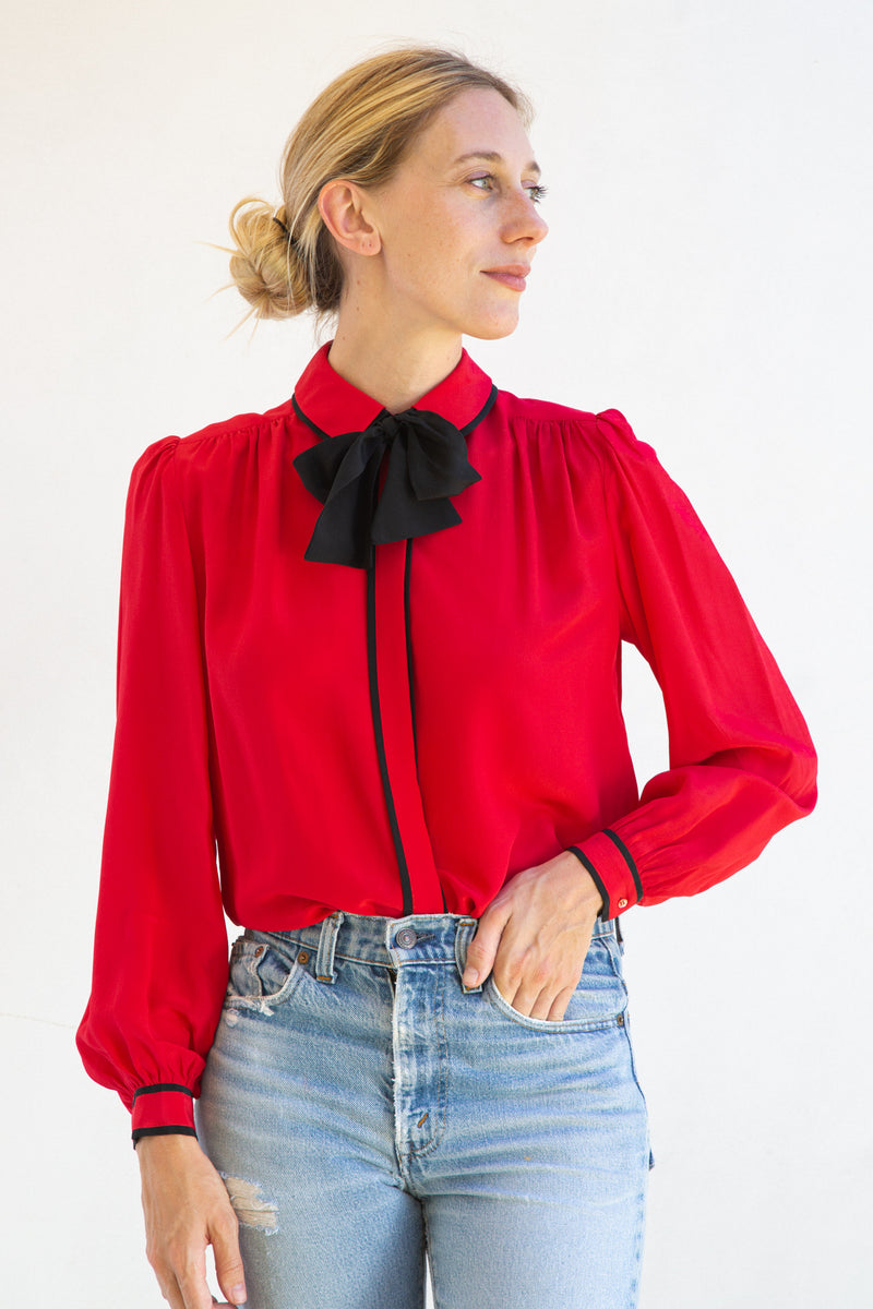 1980's Red Silk Bowtie Blouse