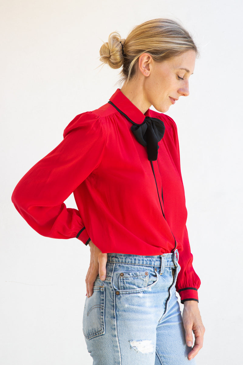 1980's Red Silk Bowtie Blouse