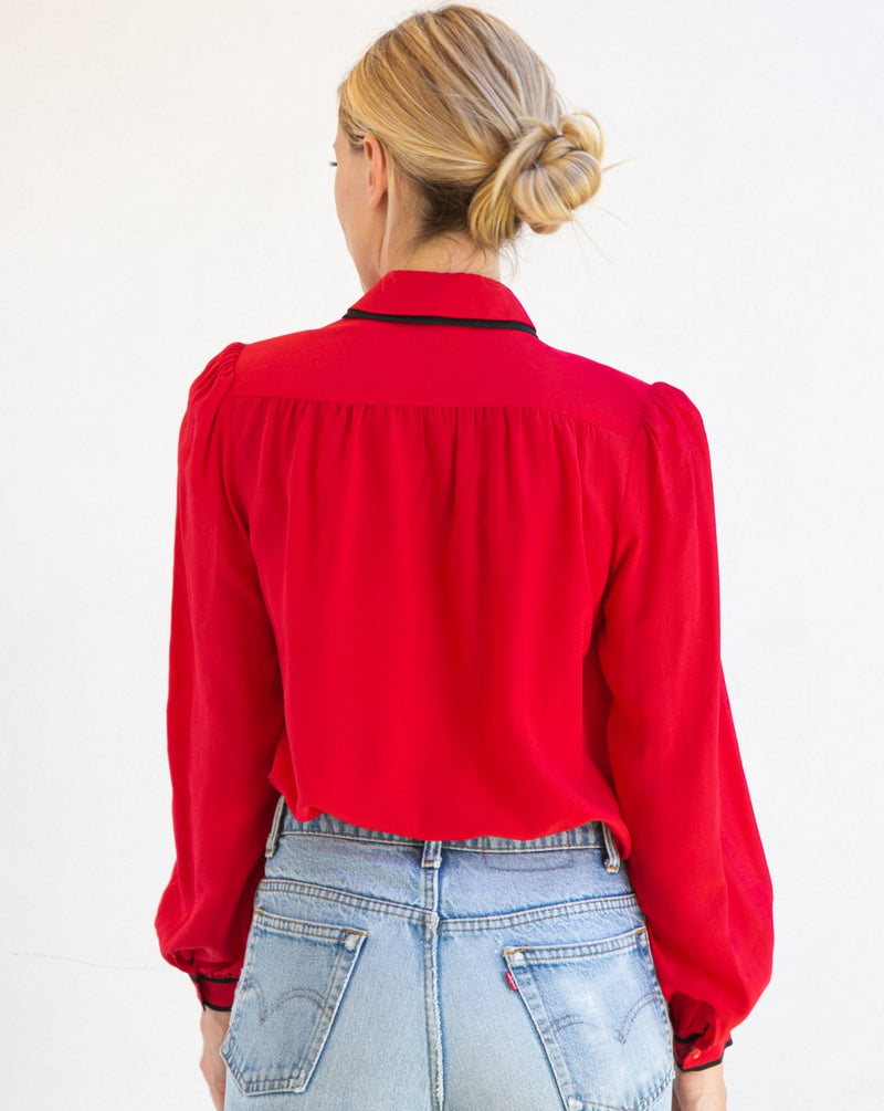 1980's Red Silk Bowtie Blouse