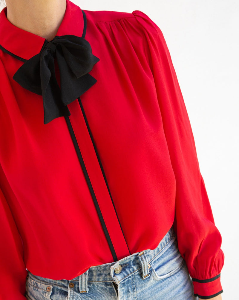 1980's Red Silk Bowtie Blouse