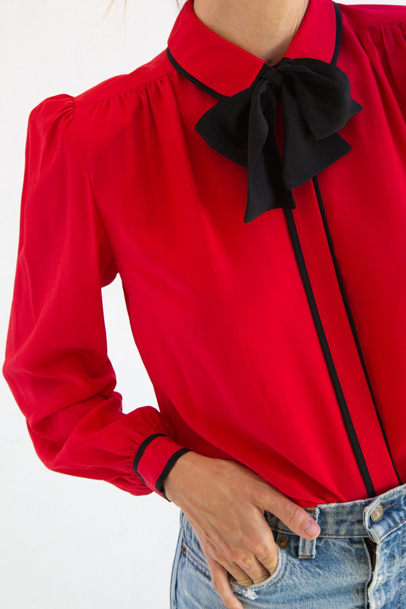 1980's Red Silk Bowtie Blouse