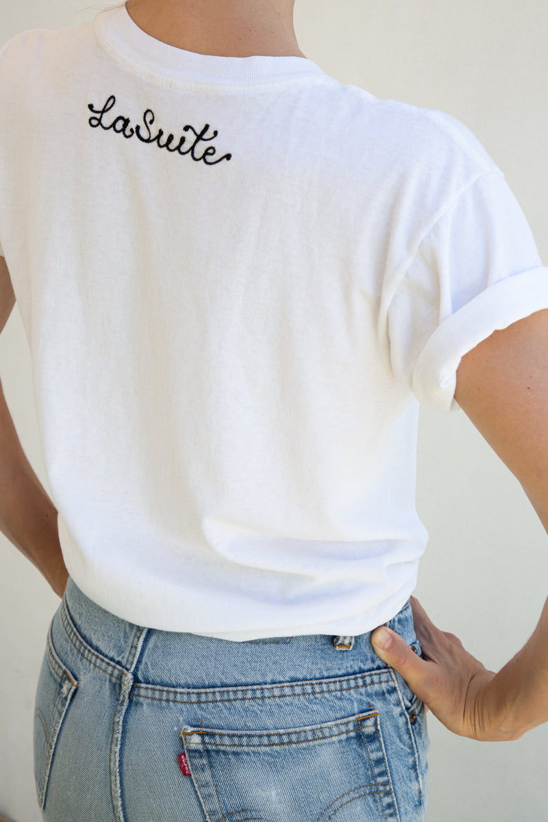 Vintage White Tee with Custom Embroidery