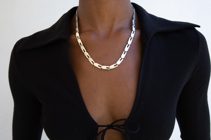 1990's Silver Modernist Panel Link Chain Necklace