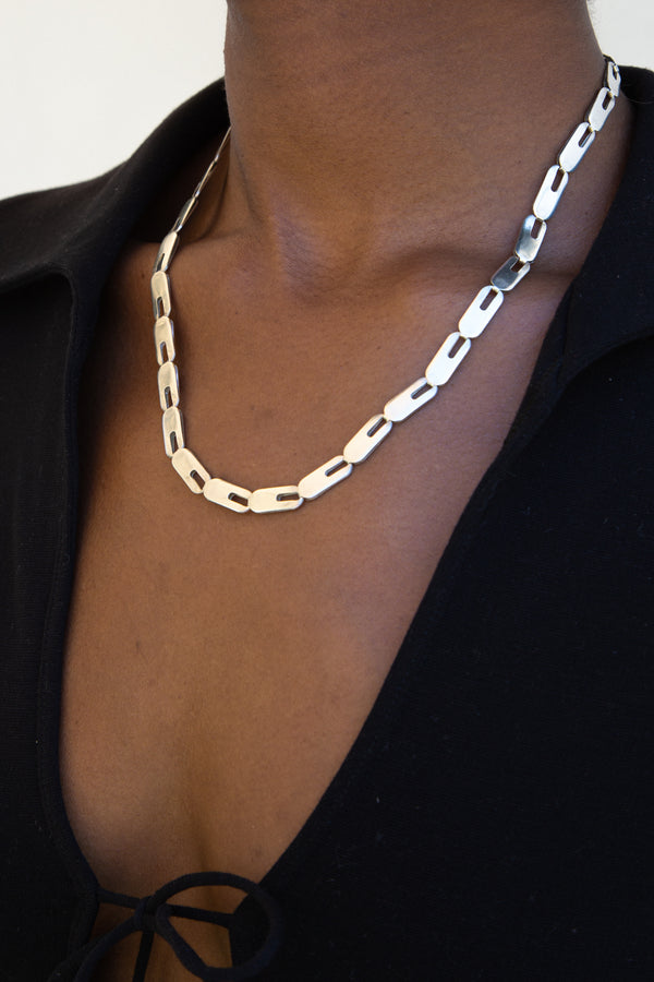 1990's Silver Modernist Panel Link Chain Necklace