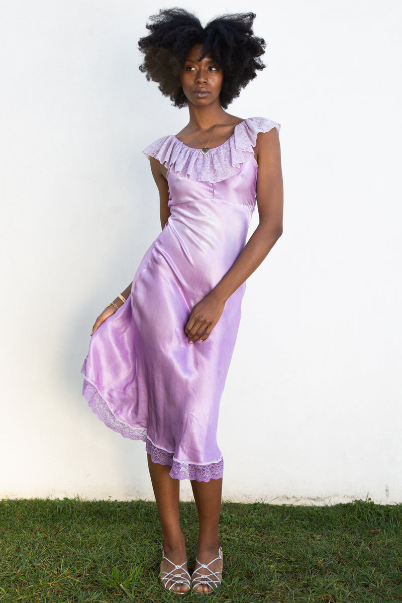 1930s Lilac Satin and Lace Slip Dress