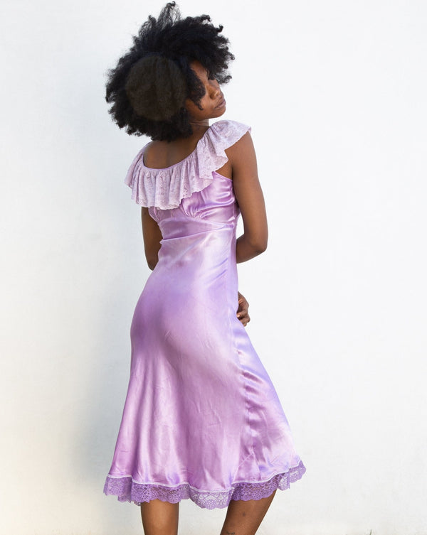 1930s Lilac Satin and Lace Slip Dress