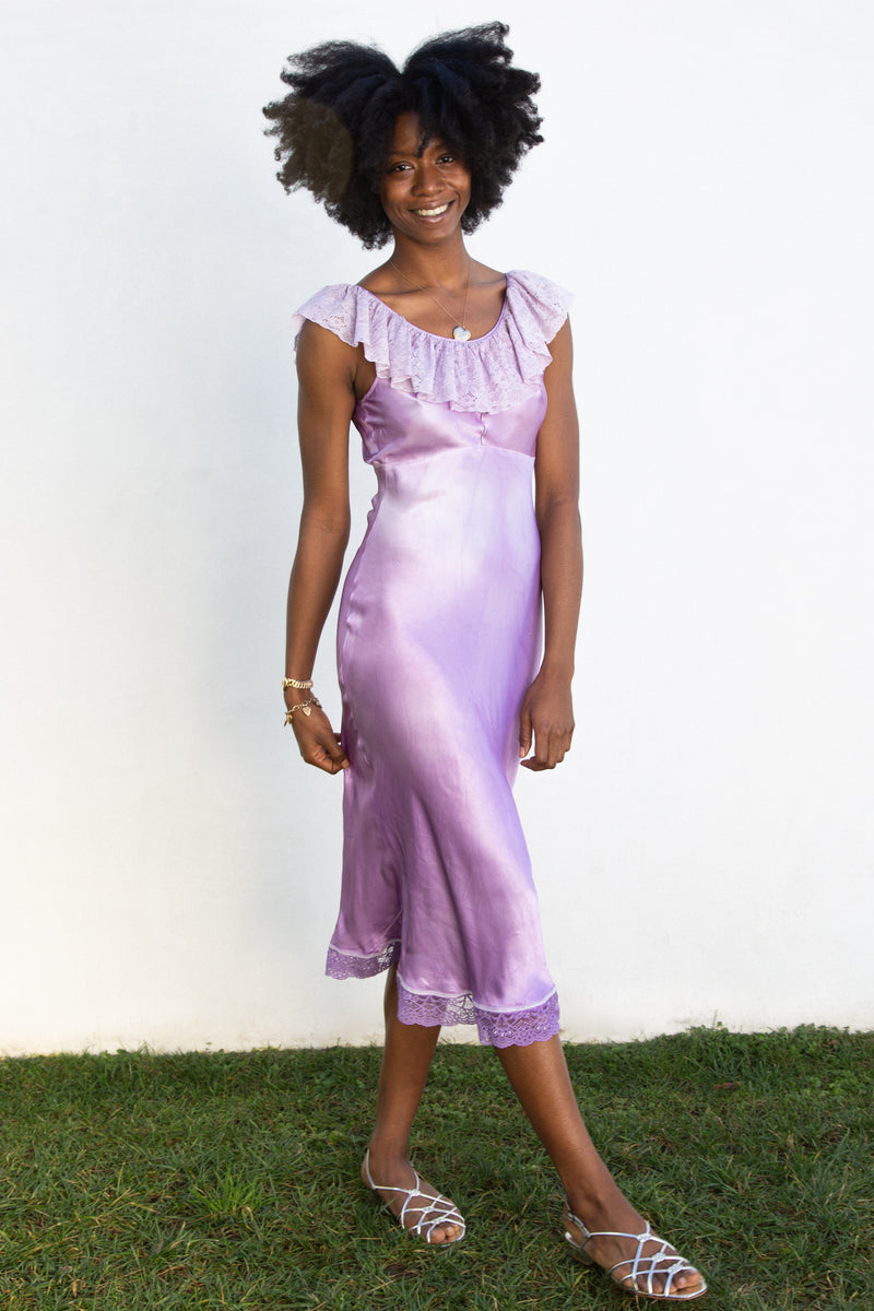 1930s Lilac Satin and Lace Slip Dress