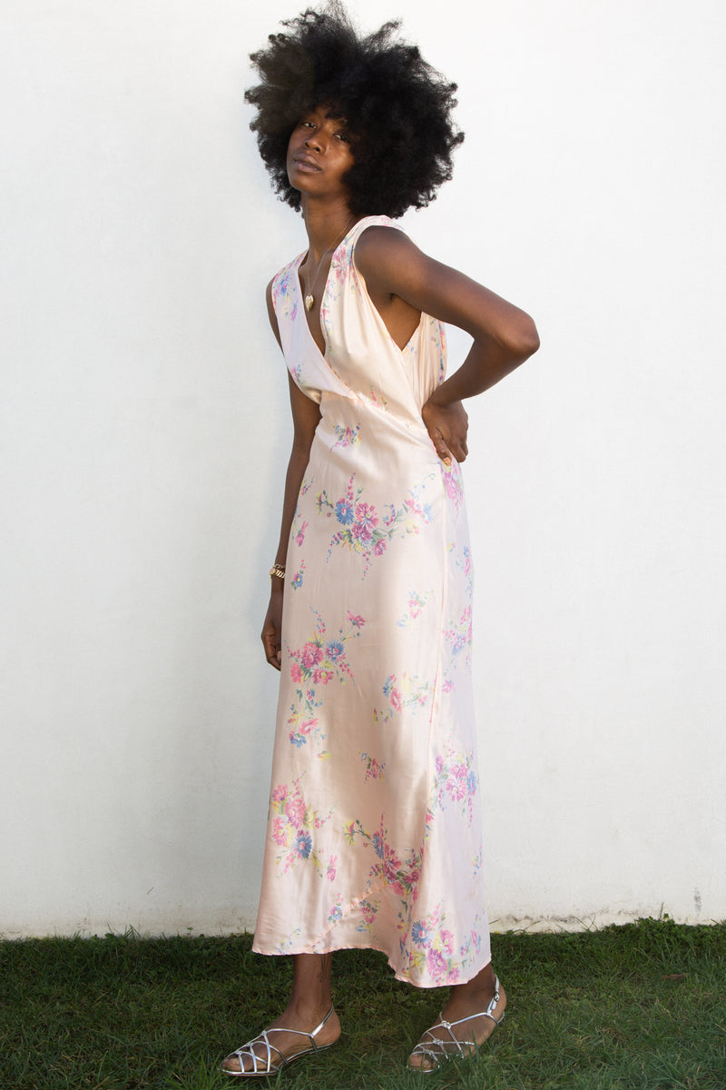 1940s Satin Floral Slip and Peignor Set