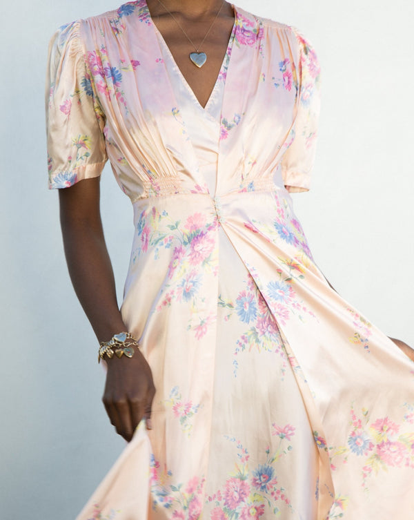 1940s Satin Floral Slip and Peignor Set
