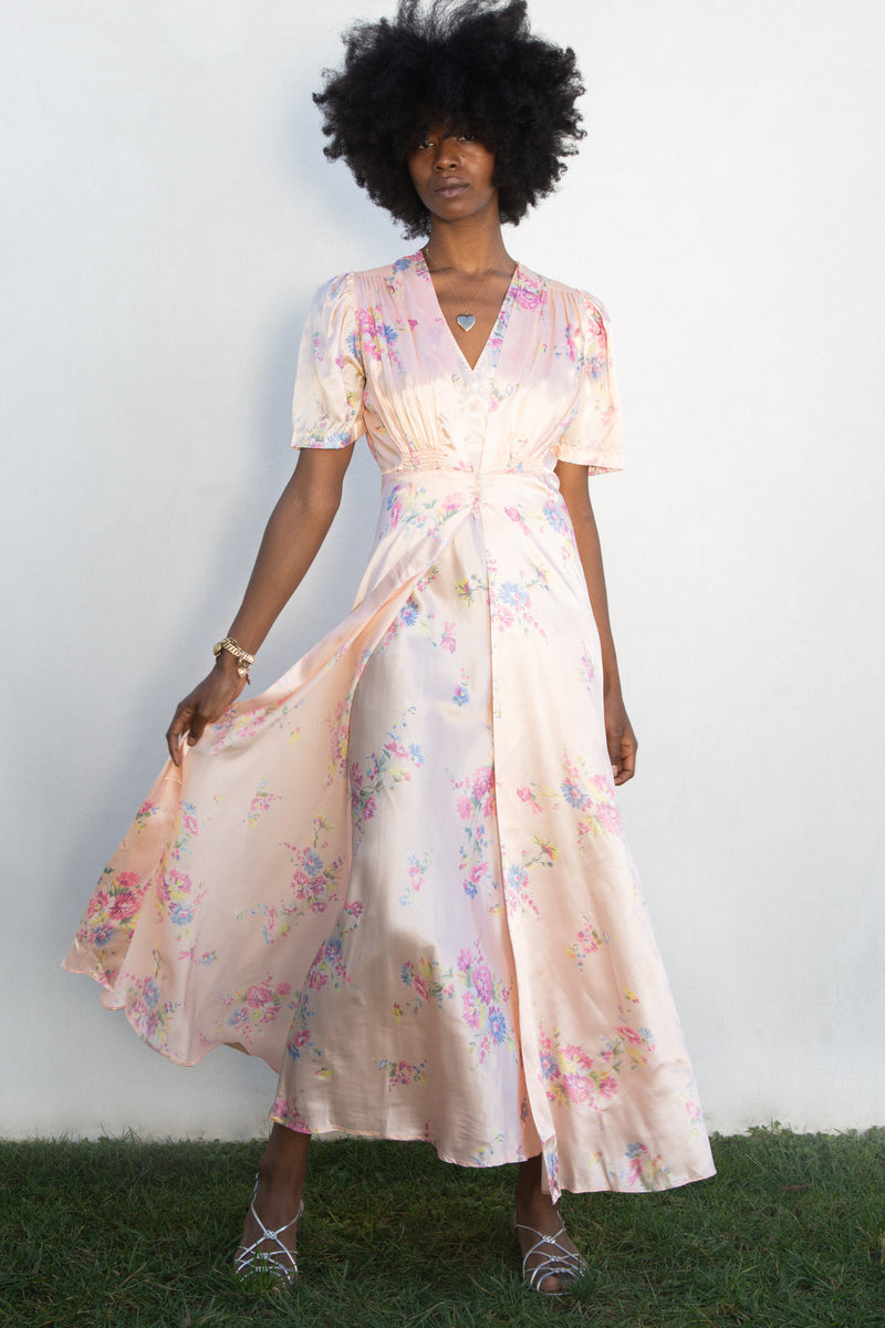 1940s Satin Floral Slip and Peignor Set