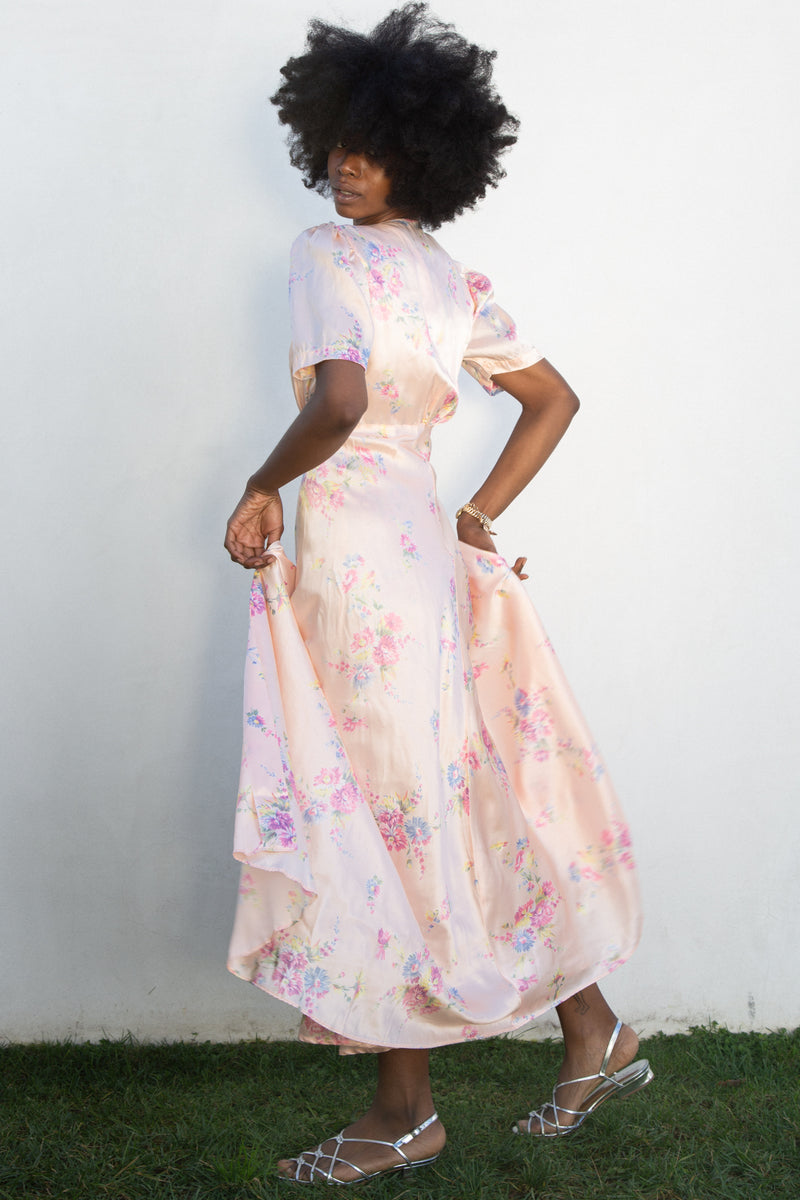 1940s Satin Floral Slip and Peignor Set
